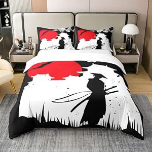 Housse de Couette Samurai en Coton Biologique, Ensemble de Literie Imprimé Coucher de Soleil, Parure de Lit 200x200 Japonaise, Housse Couette Respirante Building Silhouette, 3 Pièces (Suzhou yiyanyun e-commerce Co., Ltd, neuf)