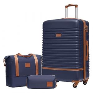 COOLIFE Valise Trolley Valise de Voyage en ABS Coque Rigide Trolley 4 Roues Serrure TSA La Valise Contient 1 Sac de Voyage et 1 Trousse de Toilette (Bleu/Marron, Lot de 3 Grandes valises) (Coolife EU Directly, neuf)