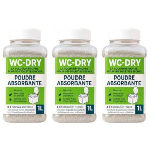 Poudre absorbante toilettes s&egrave;ches, d&eacute;sodorisant naturel, parfum eucalyptus, fabriqu&eacute; en France, id&eacute;al pour camping, randonn&eacute;e, chantiers - WC-DRY (3 x 1 litre) (DistriPro, neuf)