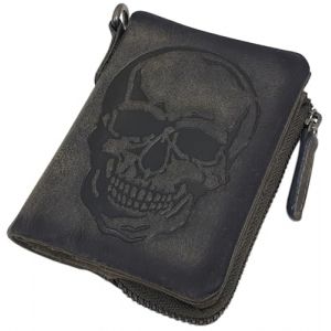 myledershop Portefeuille en cuir de buffle avec motif t&ecirc;te de mort et protection RFID et NFC, Motif t&ecirc;te de mort/gris vintage, Taille unique, Moderne (myledershop, neuf)