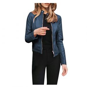 Vestes courtes en cuir pour femme, veste de moto britannique, veste en duvet en cuir, manteau fin, gilets d&eacute;contract&eacute;s, vestes en flanelle, taille 14, bleu clair, M (uhhYTRA, neuf)