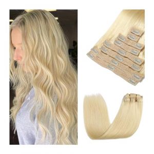 Extensions de cheveux Extensions de cheveux à clips, 8 pièces, vrais cheveux humains blonds, 14 à 26 pouces, 100% cheveux humains lisses Remy #613 blonds à clipser dans les extensions de cheveux Chev (lmqouzhou, neuf)