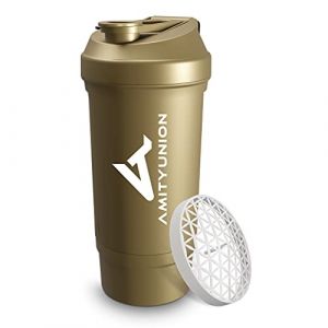 AMITYUNION Shaker à protéines 700 ml FYRA étanche - sans BPA avec compartiment à poudre, tamis et balance pour shakes crémeux, tasses, shakers pour isolants et concentrés Iso Sport, Or (snowcommerce GmbH, neuf)