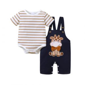 UUAISSO Bébé Garçon Vêtements Manches Longues Rayures Hauts Dinosaure Imprimé Salopette Réglable Bretelles Pantalon Tenue Ensemble Girafe brune 3-6 mois (XXIE, neuf)