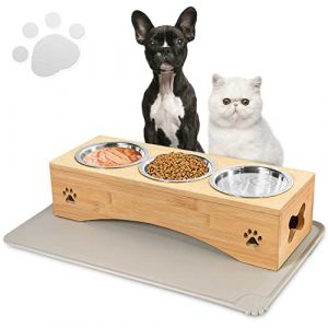 Tedsrewa Bol pour Chats et Petits Chiens，Bol &agrave; Nourriture pour Chat avec Cadre en Bambou &eacute;l&eacute;gant,Hauteur 10CM，Bol &agrave; Nourriture s&egrave;che,Bol &agrave; Nourriture Humide,Bol &agrave; Eau,avec napperon，300ml(3 Bols) (Ambrater, neuf)
