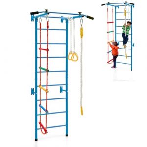 HOMASIS 5 en 1 &Eacute;chelle Su&eacute;doise Murale, Espalier en Bois avec Barre de Traction, &Eacute;chelle de Corde, Corde et Anneaux de Gymnastique, Jeu d&rsquo;Escalade pour Adultes et Enfants 3 Ans+ (Bleu) (Homasis, neuf)
