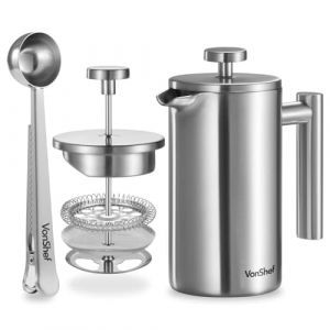 VonShef Cafetière à Piston - French Press en Acier Inoxydable - Cafetière à Piston avec Filtre Lavable, Cuillère Doseuse/Pince de Fermeture de Sachet - Pour 3 Tasses, 350 ml (VonHaus EU, neuf)
