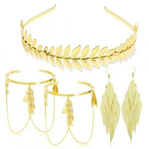 Couronne de Laurier Doré, Bandeau de Déesse, Couronne de Tête Romaine, Bandeau Grec à Feuilles Dorées, Grecque Romain Feuille De Bracelet, Bracelet Manchette, Boucles d'Oreilles, pour Mariage Fête (nuoguangxing, neuf)