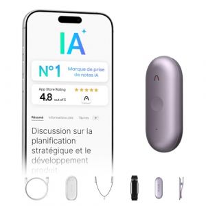 Plaud NotePin S Enregistreur Vocal IA avec Bouton Tactile Prise de Notes IA Transcription R&eacute;sum&eacute; IA Dictaphone Enregistreur Num&eacute;rique pour R&eacute;unions et Interviews avec 4 Accessoires Violet (Plaud Official, neuf)