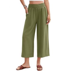 UMIPUBO Pantalon Lin Femme &Eacute;t&eacute; Coton Chanvre 3/4 Large Pantalons Fluide Elegant Chic Taille Haute &Eacute;lastique Pantacourt L&eacute;ger Respirant Jogging Pants de Plage avec Poches (Vert, M) (Bukely, neuf)