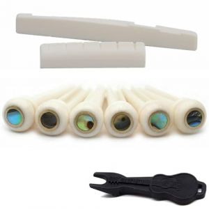 RuiJOTWAT Lot de 6 chevilles de chevalet, selle et &eacute;crou en os d'ormeau avec anneau en laiton et extracteur de chevilles pour guitare acoustique (ruimans, neuf)