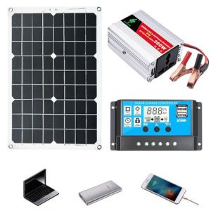 Kit Solaire Portable 300W avec Panneau Solaire 18W 12V et Contr&ocirc;leur de Charge 30A - Onduleur 220V, Double Port USB, Affichage LED | G&eacute;n&eacute;rateur Solaire Compact pour Maison, Camping, Voiture (binratolre, neuf)