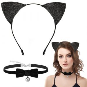 Serre Tete Chat Ensemble 2 Pi&egrave;ces, Serre Tete Oreille de Chat Noir + Collier avec N&oelig;ud et Cloche, Serre T&ecirc;te Chat D&eacute;guisement Accessori Chat pour Femme Filles Carnaval Jeu de R&ocirc;le (yuwangwang, neuf)