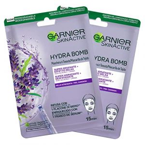 Garnier SkinActive Hydra Bomb Masque Visage en Tissu Super Hydratant Effet Relax Formule Vegan avec Lavande et Acide Hyaluronique à Action Relaxante pour Peaux Stressées - 2 Masques Jetables (Eurocali, neuf)