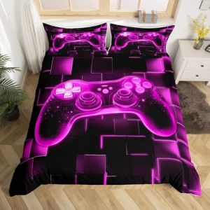 Homewish Housse de Couette 140x200 Enfant Gaming, Parure de Lit Ado Garcon Gamer N&eacute;on, Sets de Housses de Couettes Manette de Jeux Vid&eacute;o Galaxie, Couvre Lit Grille G&eacute;om&eacute;trique Carr&eacute;e, Violet (Suzhou yiyanyun e-commerce Co., Ltd, neuf)