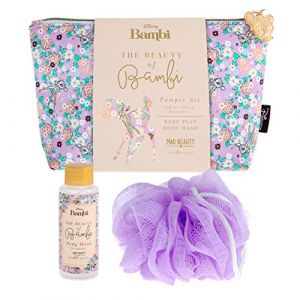 MAD BEAUTY Disney BAMBI Coffret cadeau avec trousse de maquillage, gel douche et éponge, sac floral avec motif de cerf et fleur sauvage (Mad Beauty Ltd, neuf)