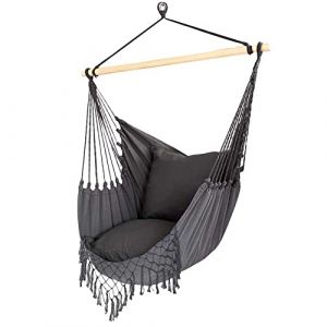 Bakaji Fauteuil suspendu d'extérieur jardin en tissu chaise balancelle hamac terrasse avec support en bois + 2 coussins Design moderne Charge 120 kg 120 x 90 x 60 cm (grise) (Esplodia, neuf)
