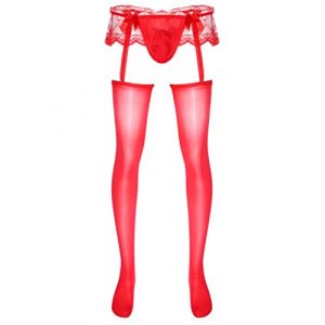 LiiYii Sissy sous-v&ecirc;tement Homme Bas R&eacute;sille Cuissardes Collants Dentelle Legging avec Porte Jarreti&egrave;res Jarretelle Ouvert Bulge Pouch Gay Lingerie Crossdresser Pyjamas Rouge Taille Unique (LiiYii EU, neuf)