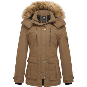 Wantdo Femme Manteau Hiver Chaud Veste Epaisse Manteau à Capuche en Fausse Fourrure Blouson Hiver Chaud Parka Hiver Chaude Multi-Poche Marron Kaki L (C'est la vie, neuf)