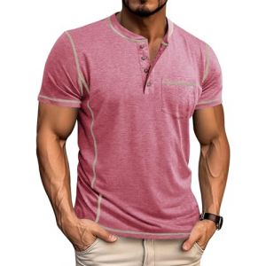 LAOARA Tee Shirt Homme T Shirt T-Shirts à Manches Courtes Homme Henley Col Tunisien Boutons Légére Tshirt Rouge XL (Laoara Store, neuf)