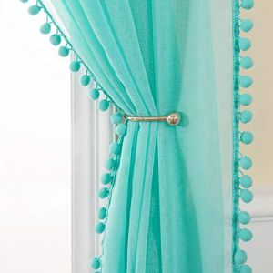 MIULEE Rideau Voilage Turquoise avec Boule Peluche, Decoration Rideau Chambre Salon Lot de 2 (2X L140 x H225 cm), Voilages Fenetre Intérieurs Passe Tringle, Rideaux à Pompons Chambre (MIULEE HOME, neuf)