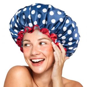 mikimini Bonnet de douche imperm&eacute;able pour femme &ndash; Grand charlotte douche pour cheveux longs avec bande &eacute;lastique, bonnet capillaire double couche &agrave; motif pois, pour cheveux &eacute;pais et tresses, 2 Pi&egrave;ces (mikimini Direct, neuf)