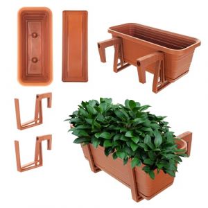KADAX Jardini&egrave;re avec soucoupe en lot avec ou sans support pour jardini&egrave;re, pot de balcon en plastique, jardini&egrave;re pour garde-corps, pot de fleurs (rouge brique, 40 cm + supports) (KADAX, neuf)
