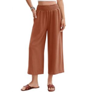 UMIPUBO Pantalon Lin Femme &Eacute;t&eacute; Coton Chanvre 3/4 Large Pantalons Fluide Elegant Chic Taille Haute &Eacute;lastique Pantacourt L&eacute;ger Respirant Jogging Pants de Plage avec Poches (Rouge Brique, S) (Bukely, neuf)