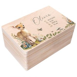 Creative Deco Bo&icirc;te &agrave; Souvenirs B&eacute;b&eacute; Personnalis&eacute; avec Pr&eacute;nom - Cerf | 30 x 20 x 14 cm | Cadeau Bo&icirc;te &agrave; Souvenirs pour Une Naissance pour Fille et Gar&ccedil;on | Boite en Bois avec Couvercle (Creative Deco, neuf)