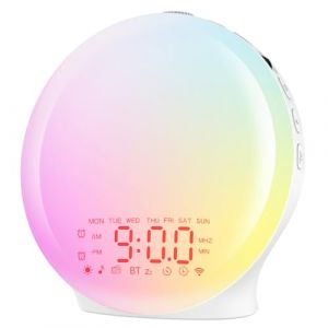 Réveil Lumière Bluetooth,Radio Eveil Matin Lumineux Lampe de Chevet 20 Niveaux de Luminosité Simulateur d'Aube et Crépuscule 2 Réveils 22 Sons Naturels Fonction Snooze 17 Couleurs Veilleuse Enfant (PARAJOLY, neuf)