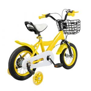 Vélo unisexe avec panier stabilisateurs 12 pouces pour filles et garçons avec roue auxiliaire, frein à rétropédalage (jaune) (Biknltio, neuf)