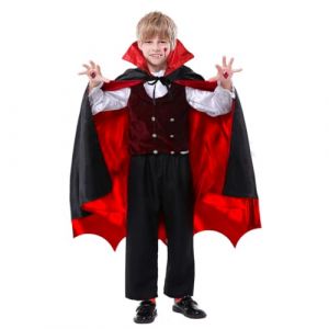 Deguisement Vampire Enfant, Cape Halloween Noire Rouge avec Dent de Vampire et Tatouage Autocollant, Costume Diable pour Garçons et Filles comme Accessoires de Cosplay pour Halloween, Carnaval (WEIMEIYING, neuf)