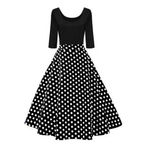 AXOE Femme Robe Vintage Ann&eacute;es 50 Pin up Rockabilly 3/4 Manche Longne Noire avec &agrave; Pois Blancs, Taille 48, 3XL (AXOE-FR, neuf)