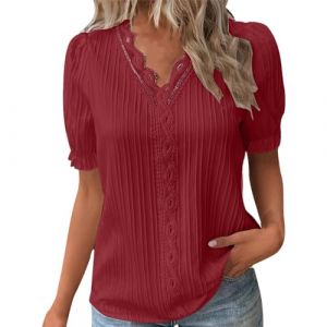 Tee Shirt Femme Col V Dentelle Tunique Femme Grande Taille été Léger Chemise Femme Chic Et élégant Manche Courte Blouse Top Haut Femme Ete Fluide Pas Cher Fashion Soiree (Rouge, XL) (SoLu DAY8, neuf)