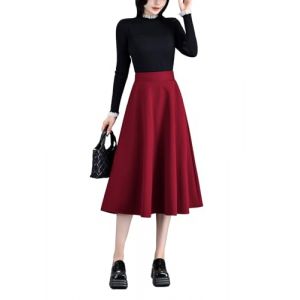 BiilyLi Jupe Longue Femme Hiver &Eacute;l&eacute;gant Laine Carreaux Haute Taille A-Ligne Midi Jupes Casual Skirt Vin Rouge -S(Taille &eacute;lastique: 66 cm) (Five Magnolia Flowers, neuf)
