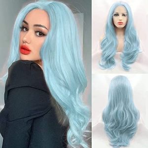 Perruque bleu clair pastel bleu clair avec dentelle frontale pour femme, cheveux longs, ondul&eacute;s, cheveux naturels, raie sans raie fluo, perruque de cheveux synth&eacute;tiques color&eacute;s, sans colle, style afro (AFBeauty, neuf)