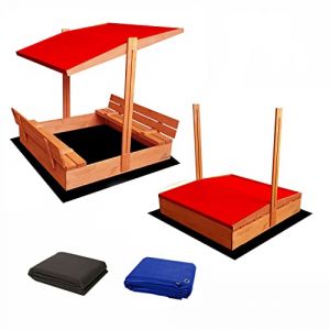 Bac à Sable Enfant en Bois fermé de 140 x 140 cm avec bancs-bac a Sable avec Couvercle- Bois de pin imprégné -bac à Sable avec Toit surbaissé -1 bâche de Protection 1 bâche Isolante- Rouge (Finesse Online Store B.V., neuf)