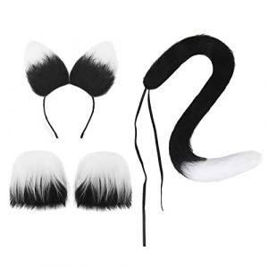 FakeFace Déguisement Chat pour Halloween Ensemble Serre-tête en motif de Oreilles de Chat et la Mitaine et la Queue en Fausse Fourrure pour Adulte Cospaly Soirée Carnaval (YLuckyshop, neuf)