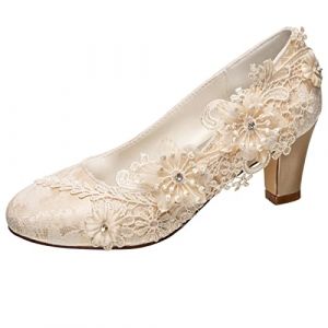 Emily Bridal Chaussures de mari&eacute;e Femmes Soie comme du Satin Talon bottier Escarpins avec Couture Dentelle Une Fleur Cristal Pearl (EU42, Champagne) (wanmeibridalshop, neuf)