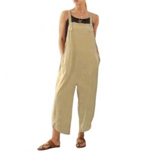 BRONG Salopette ample décontractée en coton et lin doux pour femme avec bretelles réglables et poches, kaki, XXL (SUYUKU, neuf)