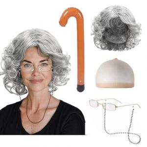 FUIPVGI Déguisement de vieille femme avec perruque granny granny et kit d'accessoires de chaîne pour Halloween fête mondiale du livre, bal masqué, carnaval (gris) (DONG YI, neuf)