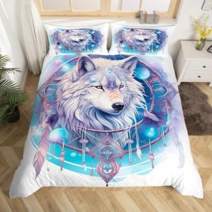 Homewish Housse de Couette Loup Attrape-R&ecirc;ves, Parure de Lit 200x200 Adulte Plume Boho Chic, Sets de Housses de Couettes Loup Blanc pour Femmes Hommes Adultes, Couvre Lit Animal Sauvage 3D (Suzhou yiyanyun e-commerce Co., Ltd, neuf)
