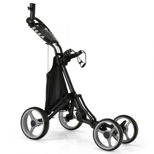 GYMAX Chariot de Golf Pliable à 4 Roues, Réglable en 4 Hauteur, en Aluminium Léger, Porte-Parapluie Réglable, Sac Etanche, Refroidisseur Intégré, Frein à Pied, Ouverture et Fermeture Rapides (GYMAX EU, neuf)