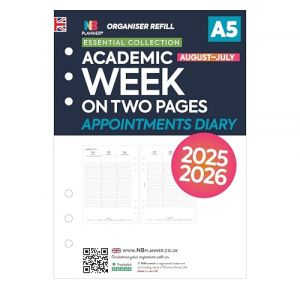 Agenda académique 2025-2026 A5 semainier sur deux pages avec recharge pour organiseur de rendez-vous Filofax compatible A5 | Anglais | Vacances britanniques | 148 x 210 mm (rendez-vous académiques 25 (Domina Group Ltd, neuf)