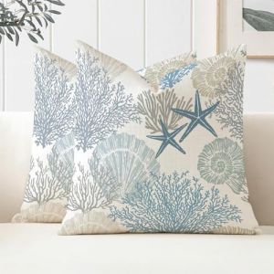 Miuyunya Lot de 2 Housses de Coussin D'extérieur 45 x 45 cm Imperméable Housse Coussin Été Exterieur Coquillage D'étoile de Mer Corail Taie d'oreiller Concise Décoration pour Salon Chambre Canapé (Miuyunya, neuf)
