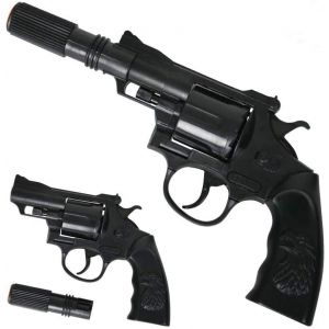 KarnevalsTeufel Sheriff Revolver Pistolet jouet revolver 12 tirs, munitions à anneaux, Colt avec course courte, avec extension pour volver de fond cowboy, ranger, gilet sauvage, noir (karnevalsteufel, neuf)