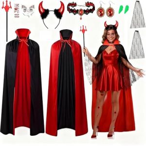 iZoeL Deguisement Diable Femme Deguisement Vampire Accessoires Cape Femme Homme Costume Carnaval/Halloween/Maquillage/Cosplay Costume Halloween - Cape Corne Diable Dents Vampire Collier Tatouage (CrushOnu, neuf)