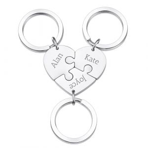 OTXIXTO Porte-clés Pièce Puzzle Coeur Argent Personnalisé Porte-clés Puzzle Coeur Personnalisé avec 3 Noms Ensemble de Bijoux de Porte-clés Gravés en Acier Inoxydable pour Couples Sœurs Amis Cadeaux (OTXIXTO, neuf)