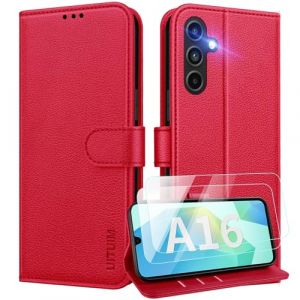 UITUIM Coque pour Samsung Galaxy A16 5G/4G Coque Etui Portefeuille Cuir avec 2 Verre Trempé Protection Écran Porte Carte Rabat Clapet Flip Case Étui Housse Etui pour Samsung A16 5G/4G,Rouge (UITUIM, neuf)