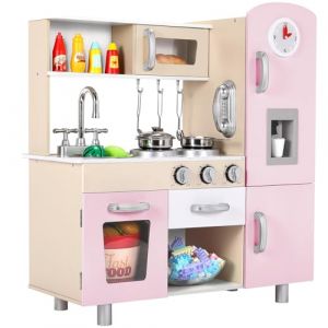 Cuisine Enfant, Cuisine Jouet pour Enfants, 81x74x30 cm Cuisine Enfant en Bois, avec Effets Lumineux et Sonores Simulés, Équipée d'Accessoires de Cuisine, Rose (BRT Store, neuf)